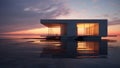 3D rendering of a floating house on the ocean at sunset, surrounded by a fiery sky.