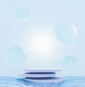 3d rendering floating podium and water drops above blue ocean. Minimal light blue color scheme. Moisturizer cosmetic product conce