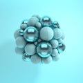 3d rendering of floating polished blue and metal spheres on blue background. Abstract geometric composition. Group of balls in