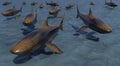 3D rendering. A flock of stone sharks hover over the water, illustration, background, picture, print