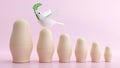 3D rendering of flying dove with olive branch and russian nesting doll on color background, Stop the war concept Royalty Free Stock Photo