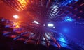 3D rendering flying in a technological abstract space with luminous neon. Cyberpunk style