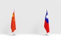 3d rendering. folding China and Taiwan national flags pole podium on white cement stage wall background.