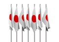 3d rendering. folding waving Japanese national flag pole row with clipping path isolated on white background.