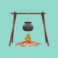 3D Rendering Food Pot Hang On Bonfire Against Pastel Green