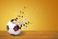 3d rendering of a football dissolving into particles on one side, on wooden surface on yellow background with much copy