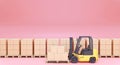 3D rendering forklift transporting on red background