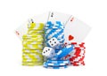 3d rendering of four different ace cards with casino chip stacks and white dice. Royalty Free Stock Photo