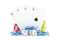 3d rendering of four different ace cards with casino chip stacks and white dice. Royalty Free Stock Photo