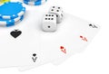 3d rendering of four different ace cards with casino chip stacks and white dice. Royalty Free Stock Photo
