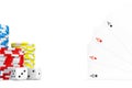 3d rendering of four different ace cards with casino chip stacks and white dice. Royalty Free Stock Photo