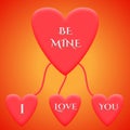 3D rendering four heart shape with be mine and i love you text on yellow and red background