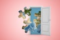 3d rendering of four jigsaw puzzle pieces of Earth surface emerging from open door on pink copyspace background.