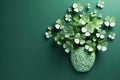 3d rendering of four leaf clover in ceramic vase on green background, Happy st patricks day decoration concept made from shamrock