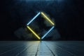 3d rendering of framed rotated square shape in yellow and blue neon light. Stamped in grunge wall and surrounded by smoke
