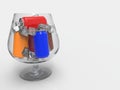 3d rendering. fresh cold beverage soft drink cans with ice cubs in empty big brandy glass on white copy space background