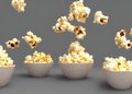 3D rendering of fresh delicious salty popcorns in bowls on a gray background