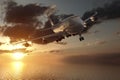 3d rendering from a front view of a big airliner in a sunset over the ocean Royalty Free Stock Photo