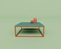 3d rendering of Front view of modern Cube coffe table with tea cup , 3d illustration isolated on pastel colors, minimal scene
