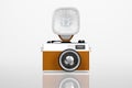 3d rendering front view of a retro vintage camera with flash on