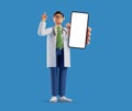 3d rendering, full height doctor cartoon character wears white coat and glasses, shows finger up, holds smartphone with blank