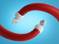 3d rendering, funny santa claus cartoon character flexible hands in red sleeves with white fur. Christmas clip art isolated