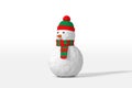 3d rendering of a funny snowman in a hat and scarf of red green color isolated on a white background. Cartoon minimalistic toy Royalty Free Stock Photo