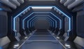 3D rendering furnished Spaceship black interior with blue light,tunnel,corridor, futuristic front view