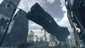 Futuristic cargo spaceship landing in apocalyptic city. 3D rendering