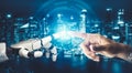 Futuristic AI thinking of droid robot artificial intelligence concept