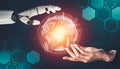 Futuristic AI thinking of droid robot artificial intelligence concept