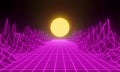 3d rendering of futuristic landscape city night with sun and mountain sunset. New game city 80s retro background abstract in cyber Royalty Free Stock Photo