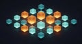 A 3D rendering of a futuristic network of interconnected cubes in orange blue and light blue on a black background Royalty Free Stock Photo