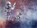 3D rendering of a futuristic robot cop with dog. Royalty Free Stock Photo