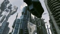 Animated futuristic scifi city with spaceship takes off. 4K