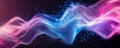 A 3D rendering of a futuristic wave with moving dots. Flow of colored particles. Illustration of cyber technology