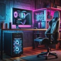 3D rendering of a gaming room in neon light Royalty Free Stock Photo