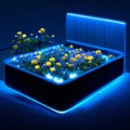 3d rendering of a garden bed with flowers illuminated by blue light AI generated