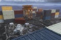 3D rendering of a generic docklands shipping container yard viewed from the top of a stack of containers