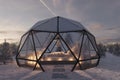 geodesic dome hut with glass panels in a winter evening