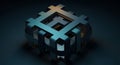 A 3D rendered geometric cube with interlocking blue black and gold squares forming a maze-like pattern on dark background Royalty Free Stock Photo