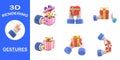 3d rendering gestures Collection,Cartoon Gesture Icon Mockup.3d icon gift in hand. cartoon arm holding.3D rendering