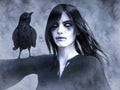 3D rendering of ghost woman with crow on her arm