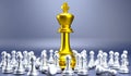 3D rendering giant golden king chess among several pawn , leadership concept