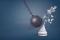 3d rendering of a giant iron wrecking ball hits a white chess king and breaks it in half. Royalty Free Stock Photo