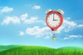 3d rendering of a giant red vintage clock flying above a green meadow like a hot air balloon with a basket.