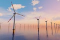 3D Rendering of Giant wind turbines farm located in the open sea, sunset shot. Concept of renewal energy using windmills Royalty Free Stock Photo