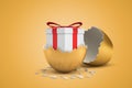 3d rendering of gift box inside of broken golden egg on yellow background Royalty Free Stock Photo