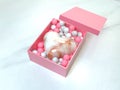 3d rendering gift box open marble heart shape glossy pink sphere love surprise valentine gift concept