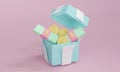 3D Rendering gift box open with money bill and coin inside in pastel theme.